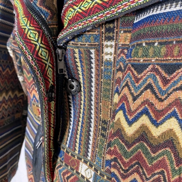 Fresh FX Chevron Stripe Jacquard Tapestry Zip Up Wide Collar Pea Style Jacket L - Picture 12 of 14